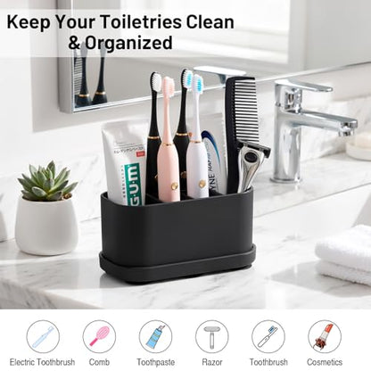 Luxspire Toothbrush Holders for Bathrooms, Silicone, 5 Slots, Black | Toothbrush Organizer with Suction Cup Tray, Toothbrush Holder with Drainage for Bathroom Countertop