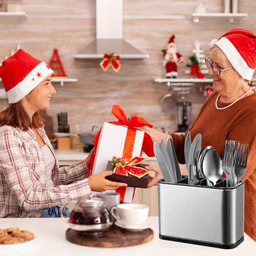 Utensil Holder,Kitchen Utensil Holder for Countertop,Silverware Holder | Stainless Steel Caddy,Spoon holder,4 Compartments Silverware Caddy,Capacity Flatware Spoon Fork Tool Cutlery Holder（Silvery）