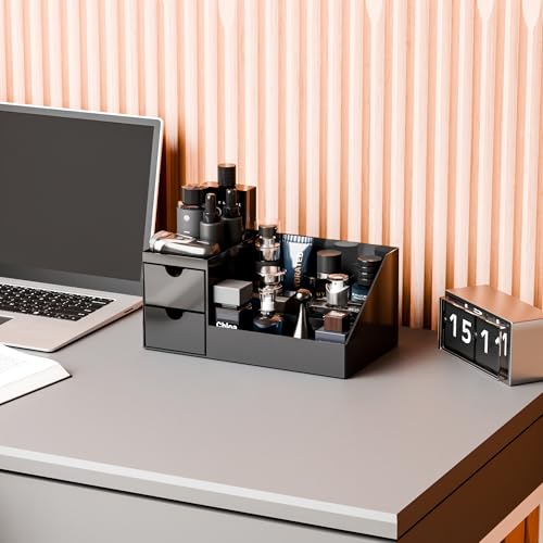 Makeup Organizer with 2 Drawer,Black Cologne Organizer for Men,Cologne Stand and Rack,Skin Care,Perfume Organizer Holder and Fragrance Shelf for Vanity,Bathroom Countertop and Dresser Top,1PCS