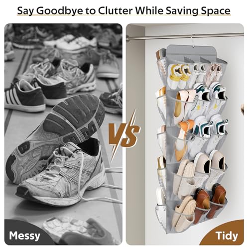 MISSLO 30 Large Pockets Dual Sided Hanging Shoe Organizer for Closet with Rotating Hanger Hanging Shoe Shelves, Grey