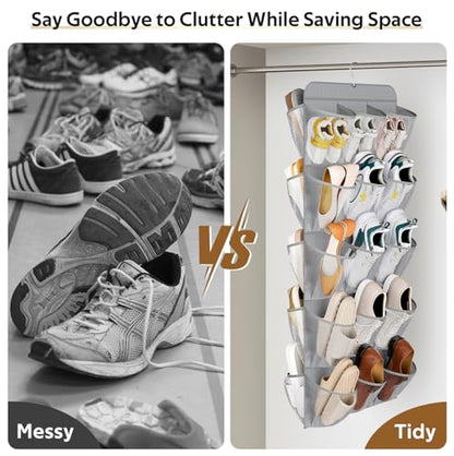 MISSLO 30 Large Pockets Dual Sided Hanging Shoe Organizer for Closet with Rotating Hanger Hanging Shoe Shelves, Grey