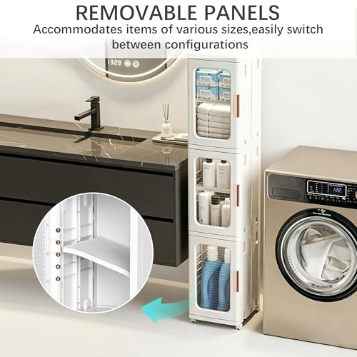 Tall Narrow Storage Cabinet with Movable Wheels, Adjustable Shelves & Magnetic Doors – Foldable Slim Plastic Organizer for Bathroom, Kitchen, Laundry, Ideal for Small Spaces(4-Tier,White)