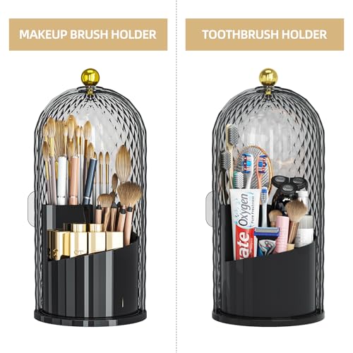 Dustproof Toothbrush Holder with Lid, 360 Rotating Countertop Electric Toothbrush Toothpaste Holders with Cover for Bathroom, 3 Slots Makeup Brush Holder with Lid for Vanity, Black