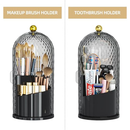 Dustproof Toothbrush Holder with Lid, 360 Rotating Countertop Electric Toothbrush Toothpaste Holders with Cover for Bathroom, 3 Slots Makeup Brush Holder with Lid for Vanity, Black
