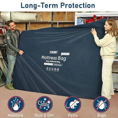 ZCHENBS® - King Mattress Bags for Moving, Waterproof Storage Bag with Zipper, Heavy-Duty 5 Mil Ultra-Thick California King Mattress Protector Cover for Moving, Reusable (Solid/Black, 1 Pack)