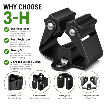 3-H Broom Holder Wall Mount 12 Pack, Heavy Duty Stainless Steel Mop and Broom Organizer Clips, Strong Grip Wall Mount Holders for Garage, Garden, Laundry Room & Utility Closet, Black