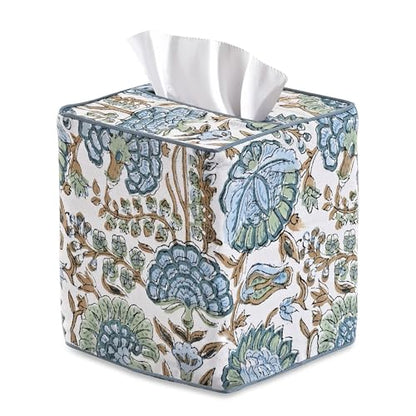 Asparagus Green Block Print Tissue Box Cover Handmade Cotton Fabric Decorative Square Napkin Holder for Home Bedroom Living Room Bathroom Vanity Countertop Car Night Stands Office Kitchen