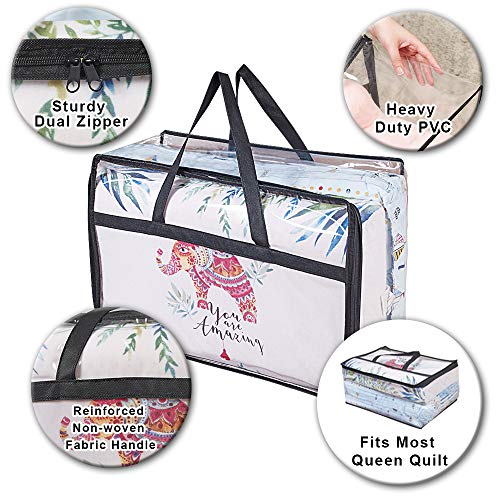 Clear Clothes Storage Bag Organizer with Reinforced Handle, Vinyl Storage Bags for Comforter, Blanket, Bedding, Toys, Transparent Moving Totes with Sturdy Dual Zippers, 3 Pack, 55 L, Black