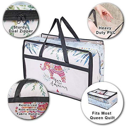 Clear Clothes Storage Bag Organizer with Reinforced Handle, Vinyl Storage Bags for Comforter, Blanket, Bedding, Toys, Transparent Moving Totes with Sturdy Dual Zippers, 3 Pack, 55 L, Black