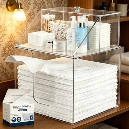 Disposable Face Towel Storage Box Compatible with Clean Skin Club XL, 3-in-1 Detachable 2-Layer for Cleaning Accessories, Face Towel Holder for Bathroom, Vanity Makeup, Holds 50, Clear Acrylic