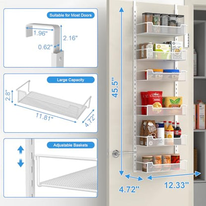 VyGrow 12.3" W Narrow Over the Door Pantry Organizer, 6-Tier Over the Door Organizer with Adjustable Basket, Pantry Door Organization for Pantry Kitchen Storage Room Spice Rack, White