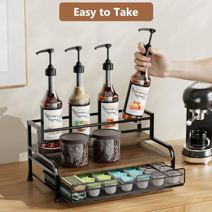 Coffee Syrup Rack Organizer, 3-Tier with 35 K-Cup Pod Holder Drawer | Black Metal Rack for 8 Syrup Bottles,Countertop Bottle Holder Stand for Wine,Space-Saving Design for Kitchen Cafe Station