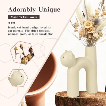 Ceramic Cat Vase Gift for Cat Lovers, Cat Mom Gift, Home Office Desk Decor | A thoughtful cat lover gift for women and home office desk decor. Cute vase for plants or dried flowers Cat themed gifts