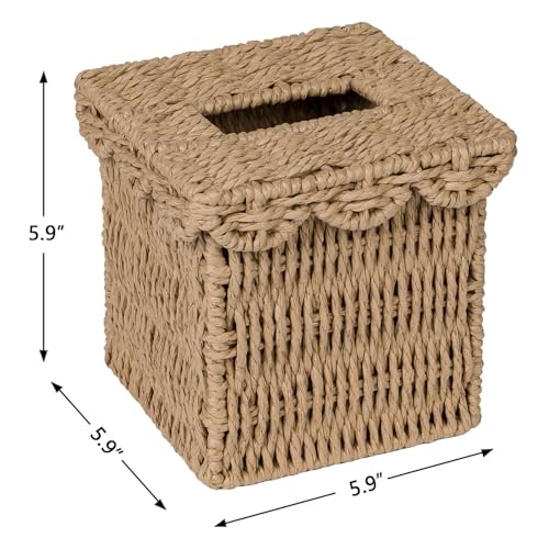 CubesLand Square Wicker Tissue Box Cover W/Scalloped Lid for Home Decor | Handwoven Rattan Facial Tissues Boxes Fits Living Room Table Decor, Rustic Farmhouse Boho Bathroom Decorative, Neutral