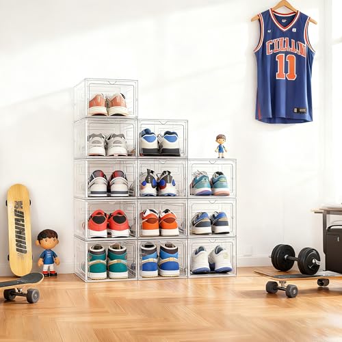 Upgraded Hard Shoe Storage Box 12 Pack XL Clear Shoe Organizer | Stackable, Thicken Sturdy, Fit Size 12, 7.4” Height, Closet, Sneaker Storage Display Case Holder Bins, Magnetic Door Clear