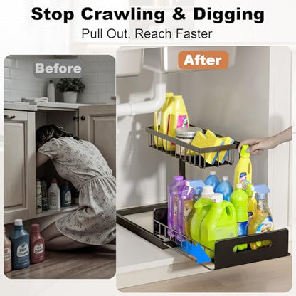 Under Sink Organizer, L-Shaped Pull Out Cabinet Organizer, Kitchen | 2 Tier Metal Slide Out Shelf for Kitchen, Bathroom, Laundry, and Utility Cabinet Storage for Deep Cabinets, Black, 1 Pack