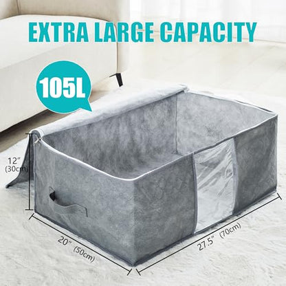105L Extra Large Storage Bags for Blankets, King Comforters, Bedding, Clothes, Pillows, Sheets - Closet Organizers and Storage with 4 Handles & Clear Window, Foldable & Breathable (Grey, 3pack)