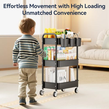 3 Tier Rolling Cart, Heavy Duty Metal Utility Cart with Wheel Black | Sturdy Rolling Storage Cart With Hooks & Hanging Cups, Great For Craft, Art Workspace, Kitchen ,Snack And Office Storage