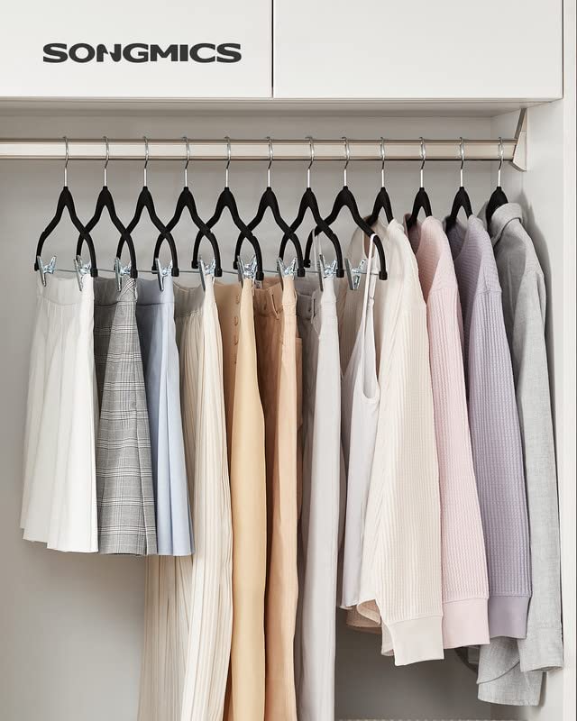 SONGMICS 30 Pack Pants Hangers, 16.7 Inches Long Velvet Trousers Hangers with Adjustable Clips, Heavy-Duty, Non-Slip, Space-Saving for Pants, Skirts, Coats, Dresses, Tank Tops, Black UCRF12B30