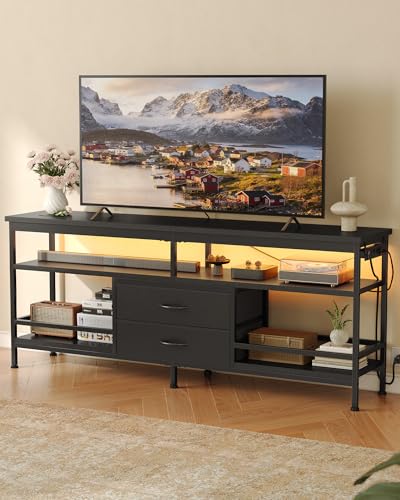 63 Inch TV Stand, Entertainment Center for 55 to 75 Inch TVs with LED Lights & Removable Charging Station, Modern Media Console Table with Open Storage Shelves & Fabric Drawers, Black