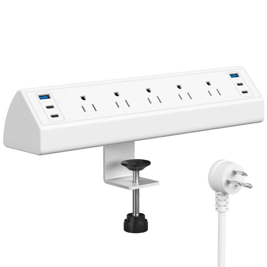 Jgstkcity Desk Clamp Power Strip USB C,Table Surge Protector | 1200J,Total 40W Charging Hub,5 Outlets & 6 USB,6FT Extension Cord,Fits 1.96" Desktop Edge,Office,Gaming,Dorm,White
