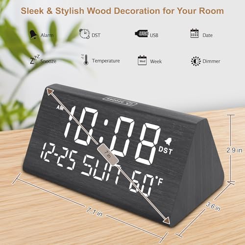 DreamSky Digital Alarm Clock for Bedrooms - Wooden Desk Clock with Date | Day of Week, USB Port, Temperature, Dimmer for Bedside Table, Living Room, Office, Adjustable Volume, Auto DST, Wood Decor