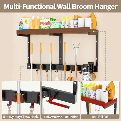 Broom and Mop Organizer Wall Hanging, Broom Hanger Holder Wall Mount | 3-in-1 mop and broom holder wall mount with 5 racks,5 hooks, storage shelf & vacuum organizer for garage,kitchen,laundry room