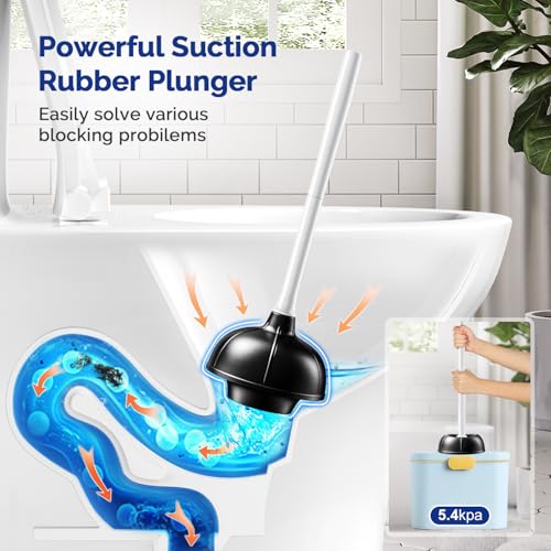 HAMITOR Toilet Plunger Brush Set: Curved Bristles Design for Deep Cleaning | Deep Cleaning Under Rim, Heavy Duty Rubber for Unclog- Compact Bathroom Cleaning Tools for New Homet Essentials - White