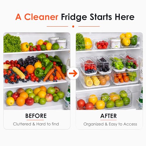 6 Pack Clear Fridge Organizer Bins with Drain Trays - Stackable