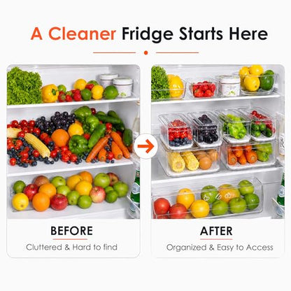 6 Pack Clear Fridge Organizer Bins with Drain Trays - Stackable