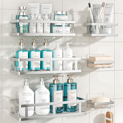 Youvip Silver Shower Caddy 6 Pack | No Drill, Large Capacity, 6 Adhesives, 24 Built-In Side Hooks