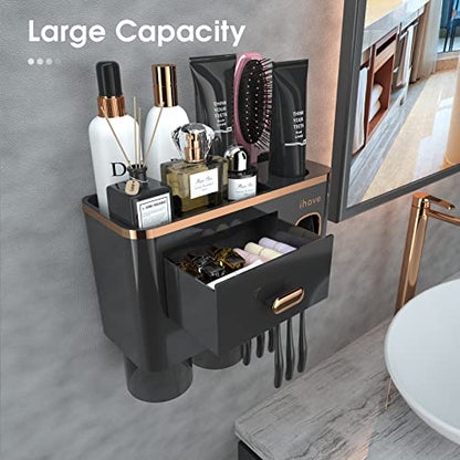 iHave Toothbrush Holders Bathrooms Wall Mount Toothpaste Dispenser & 2 Cups | Luxury White & Gold Bathroom Decor:2 Cups, 6 Slots, Toothpaste Dispenser, Large Tray & Drawer Wall Mount Toothbrush Organizer