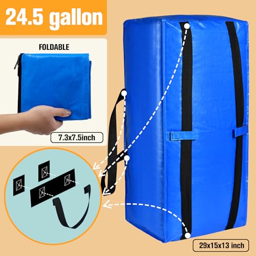 Heavy Duty Blue Moving Bags with Strong Zipper Handles Backpack Straps | 2 Pack Extra Large Storage Bags Totes Moving Boxes Packing Supplies for College Dorm Room Essentials Compatible with IKEA