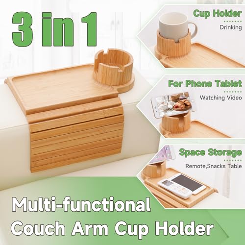 Couch Cup Holder Tray,Large Bamboo Couch Armrest Table with Cup Holder,Foldable Anti-Slip Sofa Arm Tray for Coffee Cup,Water Bottles,Mug,Snacks,Remote