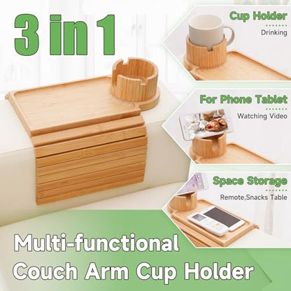 Couch Cup Holder Tray,Large Bamboo Couch Armrest Table with Cup Holder,Foldable Anti-Slip Sofa Arm Tray for Coffee Cup,Water Bottles,Mug,Snacks,Remote