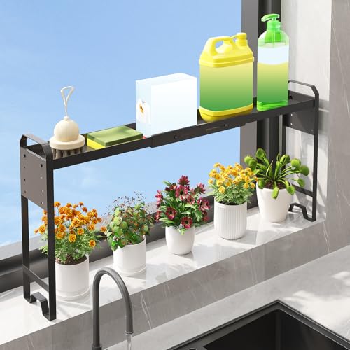 Over The Sink Shelf & Window Plant Shelf, Expandable Kitchen Organization | Adjustable in Height & Length, Multi-Purpose Storage Rack, For Stove, Bathroom, Study