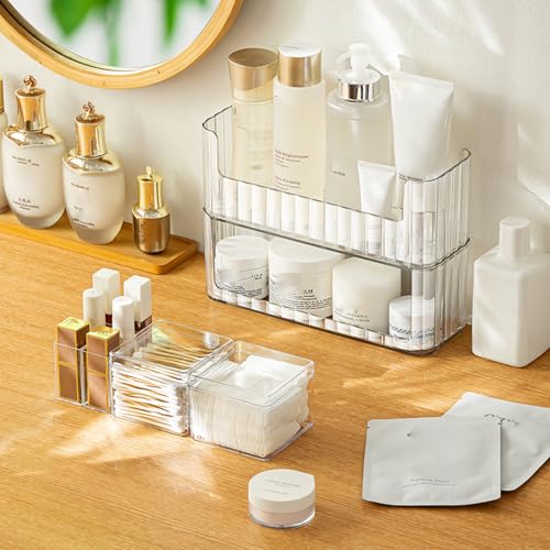 2-Tier Stackable Medicine Cabinet Organizer Shelves, Clear | Makeup Storage with Lipstick Holders, Cotton Swab Holder, Shelf Trays for Bathroom Cabinet, Counter, Vanity