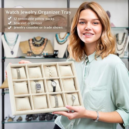 2 Pieces 12 Grid Velvet Watch Tray Jewelry Organizer Stackable Watch Bracelet Bangle Display Holder Adjustable Pillow(Beige)