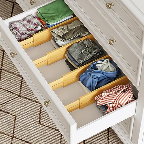 BAMEOS Bamboo Expandable Drawer Dividers – Fits 16.65"–22" Drawers, 4" Extra Deep Walls, Set of 4 | Maximum-Height Spring-Loaded Organizer for Deep Kitchen, Bathroom & Dresser Drawers