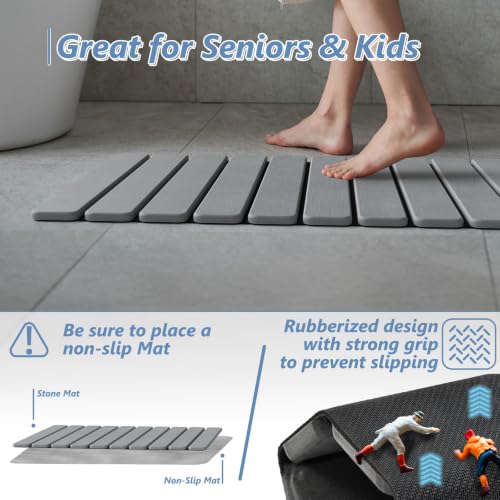 AWW Foldable Stone Bath Mat, Diatomaceous, 23.6"x15.5", Grey | Quick-dry surface, super absorbent, easy-clean finish, non-slip mat included, and compact storage for small bathrooms