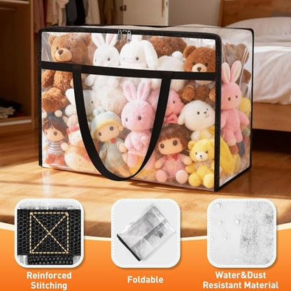 4 Packs 60L Clear Under Bed Storage Containers, Large Clothes Storage Bags | Heavy Duty Large Capacity Foldable Moving Bags with Sturdy Handles, Clothing Organizer Totes for Bedding Comforter Sheet