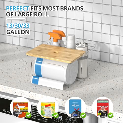 Trash Bag Dispenser Roll Holder - Clear Garbage Bag Holder Dispenser with Bamboo Lid and Sliding Drawer Box, Trash Bag Holder for Kitchen, Under Sink, Laundry Room Organization and Storage