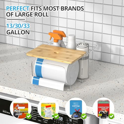 Trash Bag Dispenser Roll Holder - Clear Garbage Bag Holder Dispenser with Bamboo Lid and Sliding Drawer Box, Trash Bag Holder for Kitchen, Under Sink, Laundry Room Organization and Storage