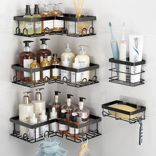 Corner Shower Caddy 5 Pack Adhesive Stainless Stee... (5 Count | Black | Stainless Steel)