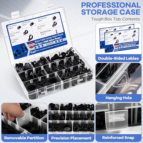 JORREP 322PCS R-Type Cable Clips, 3/16 to 1 in, 6 Sizes for Wire Management | PA66 Nylon, 3/16" 1/4" 3/8" 1/2" 3/4" 1", With screws, For office, garage, yard and auto wire setup, Easy to install
