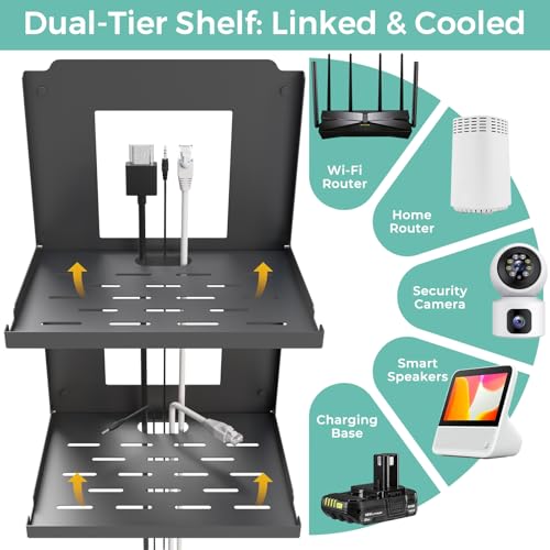 2-Tier Router Shelf Wall Mount Foldable - 10 inch Metal Outlet Shelf w/Cable Holes | Dual-Layer Organize & Connect for Router and Modem & Smart Home Decor | Folds Up & Stackable (Medium)