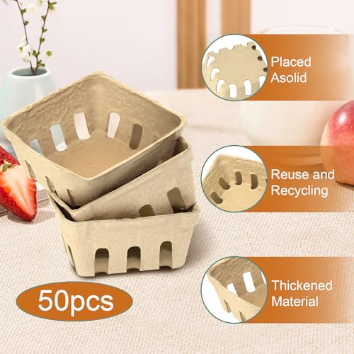 50 Pack Natural Pulp Fiber Berry Baskets with Blank Label for Vegetables Strawberry Blueberry Raspberry Egg, Farmer Market Produce Basket Containers Grocery Store Supplies Fruit Stand Supplies