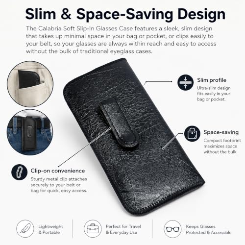 Calabria Soft Slip-In Glasses Case Pocket Metal Clip Black (3 Pack) for Men/Women Synthetic Leather Felt Lining 6.5"x3"