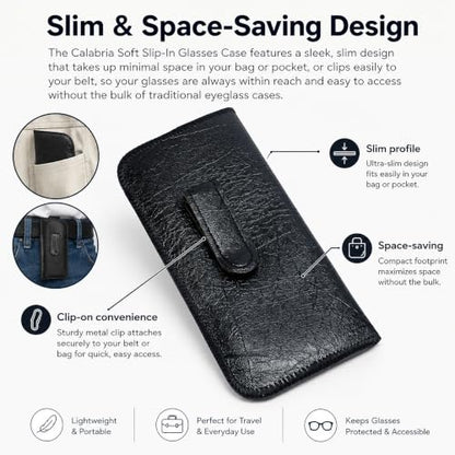 Calabria Soft Slip-In Glasses Case Pocket Metal Clip Black (3 Pack) for Men/Women Synthetic Leather Felt Lining 6.5"x3"