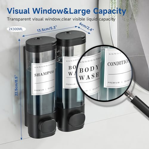 Shampoo and Conditioner Dispenser,Unisense Shower Soap Dispenser 2 Chamber No Drill Wall-Mounted Shampoo Dispenser for Shower Wall Mounted Shower Dispenser for Bathroom Hotel Large Capacity,Black